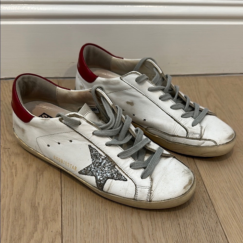 Golden Goose White and Red Sneakers with Glitter Star